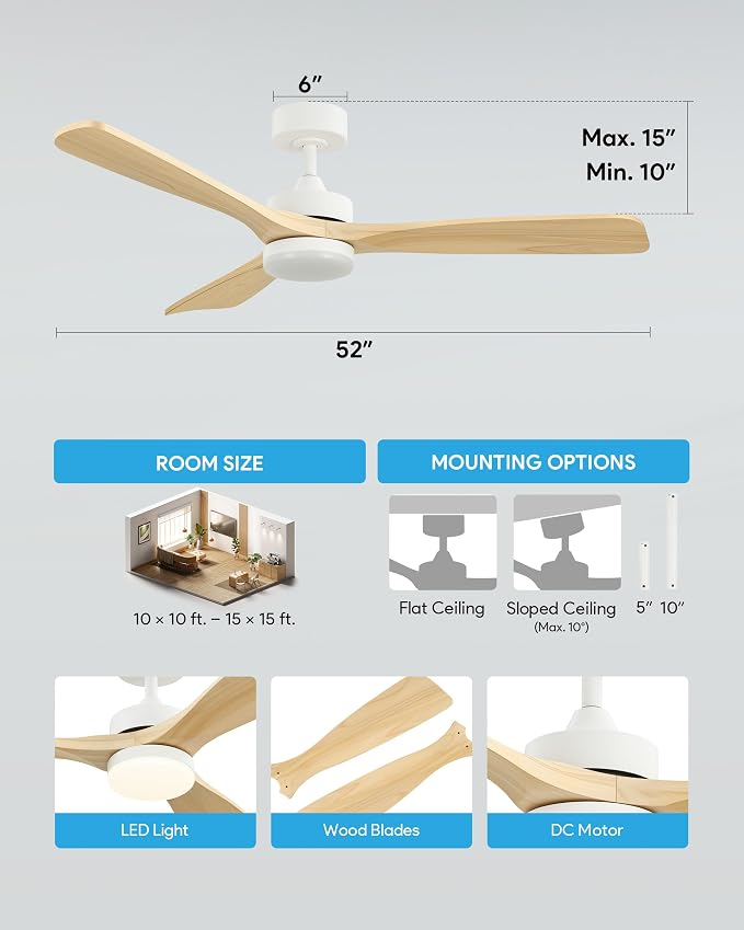 VONLUCE Wood Ceiling Fan with Lights, 52 Inch Ceiling Fan and Remote, 6 Speed Reversible Noiseless DC Motor, 3CCT, Solid Wood Outdoor Ceiling Fan for Patios Farmhouse, White