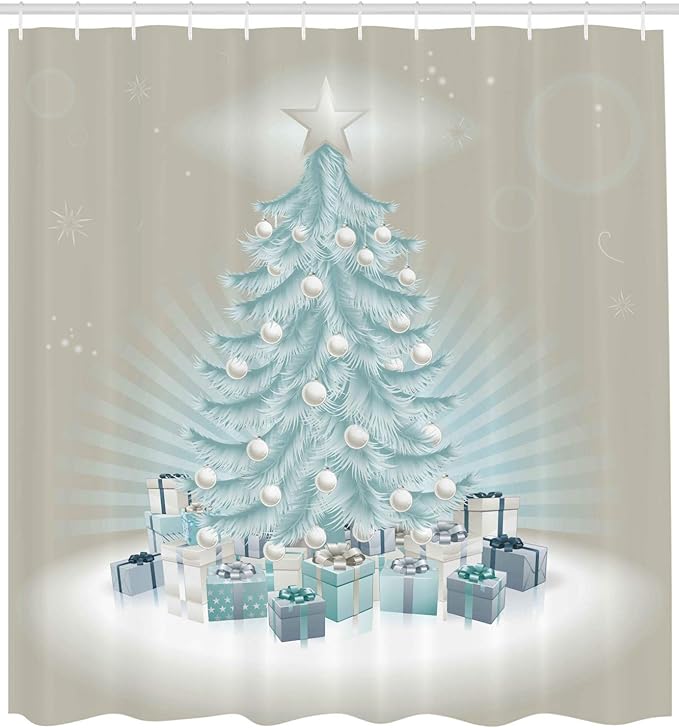 Ambesonne Christmas Shower Curtain, Merry Xmas Themed Fir Tree with Ornate Tree Topper and Baubles, Cloth Fabric Bathroom Decor Set with Hooks, 69" W x 84" L, Mint Green Slate Blue
