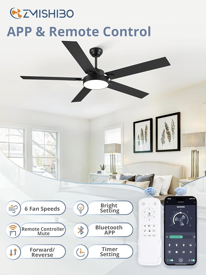 ZMISHIBO 60 Inch Ceiling Fans with Lights, Smart Remote/APP Control, Modern Ceiling Fan with 6 Speeds & 3CCT, Dimmable 30W LED, Quiet DC Motor, Noiseless for Living Room, Bedroom, Kitchen, Black