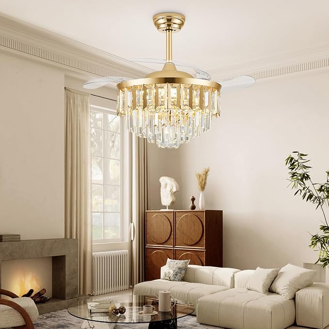 TXCSLY 48" Fandelier Ceiling Fan with Light, Crystal Chandelier Fan with Retractable Blades Dimmable Crystal Ceiling Fan Chandelier for Bedroom Living Room Dining Room-Gold