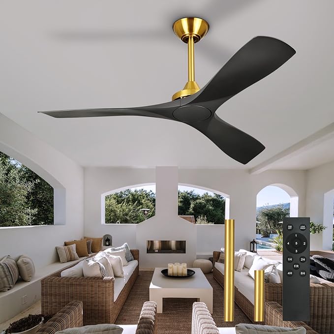 Modern Ceiling Fan with Remote: Black and Gold Ceiling Fans 3 Blades - 52 Inch Ceiling Fan No Light for Covered Outdoor Living Room Bedroom