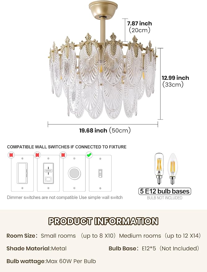 20" Gold Fandelier Ceiling Fan with Light, Gold Crystal Chandelier Ceiling Fans with Lights and Remote Control, Mid Century Enclosed Caged with 6 Speeds for Bedroom, Nursery, Living Room