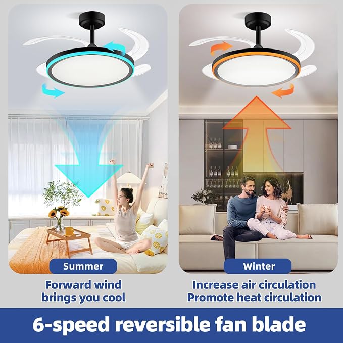 BAYSQUIRREL Slim Retractable Ceiling Fan with Light and APP/Remote Control, 42in Modern Smart RGB Ceiling Fan with Bluetooth Speaker, Dimmable Full Spectrum with Memory, 6-Speed Reversible Fan, Black