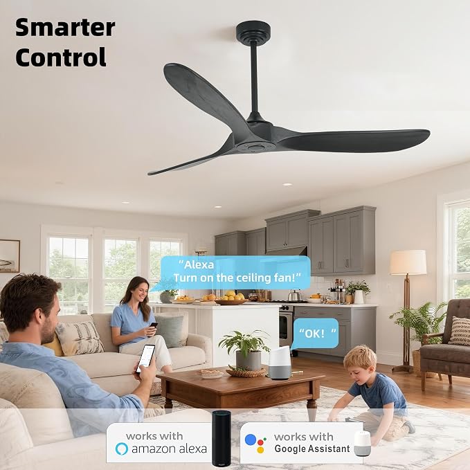 Outdoor Ceiling Fan Without Light, 60 Inch Smart Ceiling Fan with Remote & Voice Control for Compatible with Alexa/Google, 3-Blade Wood Fan, Quiet DC Motor, 6 Speeds for Patio, Porch, Farmhouse