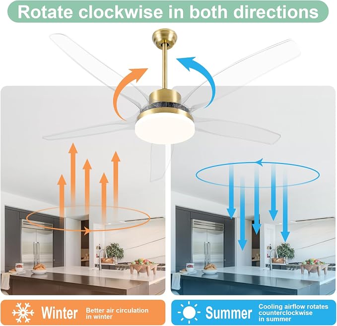 OKELI Smart Ceiling Fans with Light and Remote, Voice Control via WiFi Alexa App, 58 Inch Modern Clear Blades Gold Alexa Ceiling Fan Reversible Dimmable LED Ceiling Fan for Living Room