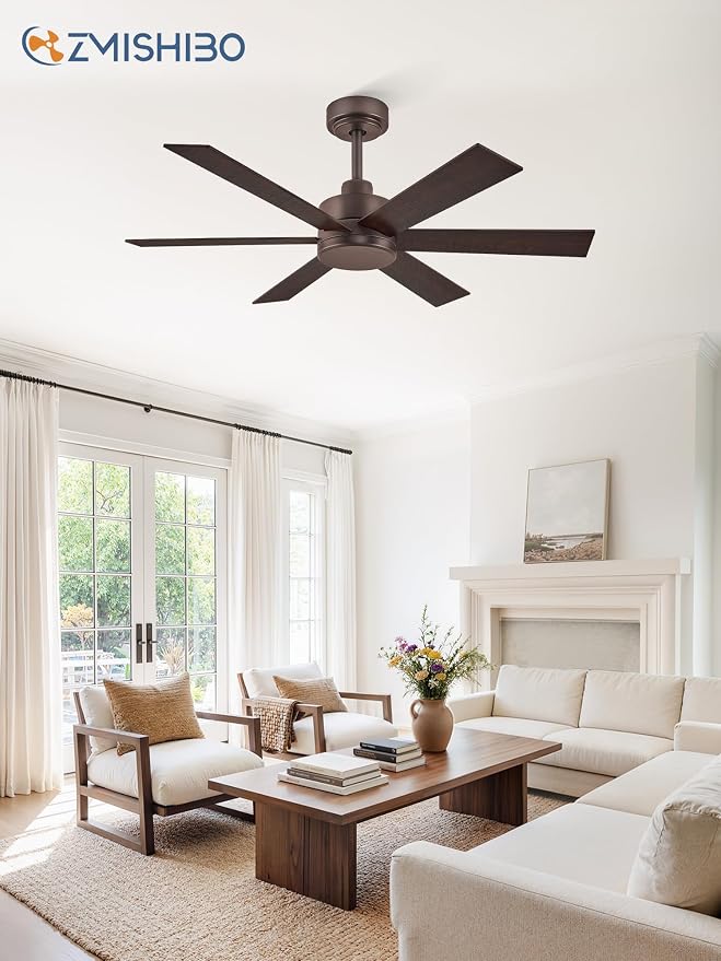 ZMISHIBO 42 Inch Ceiling Fans No Lights, Farmhouse Rustic Ceiling Fan Without Light, 6 Blades, Quiet Reversible DC Motor, 6-Speeds, Brown Ceiling Fans for Bedroom, Living Room, Porch, Indoor/Outdoor