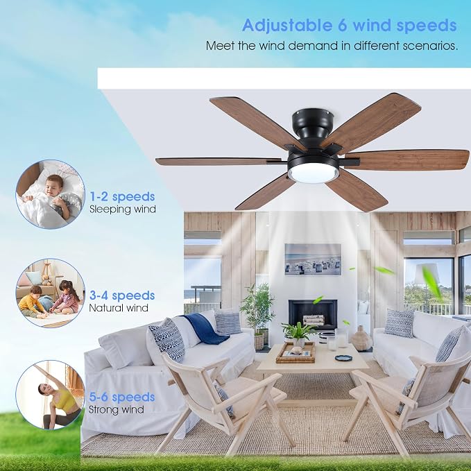 Kviflon 52" Rustic Ceiling Fans with Lights Remote/APP Control, Flush Mount Ceiling Fan with Double Lampshade, 6 Reversible Dual Fan Blades, 3 CCT Dimmable LED Lights for Living Room Farmhouse, Brown