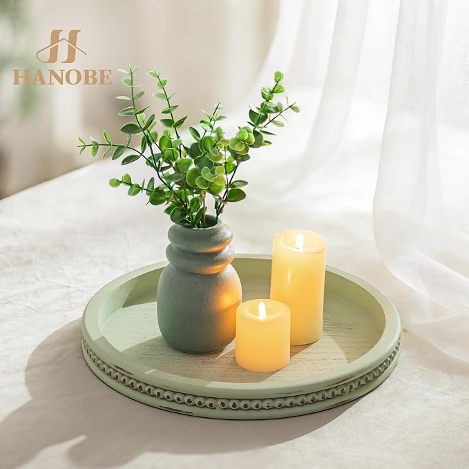 Hanobe Sage Green Decor Tray, Beaded Edge & Distressed Finish | 10.4" round wood tray for candle display, for coffee table centerpiece, living room, bedroom, kitchen.