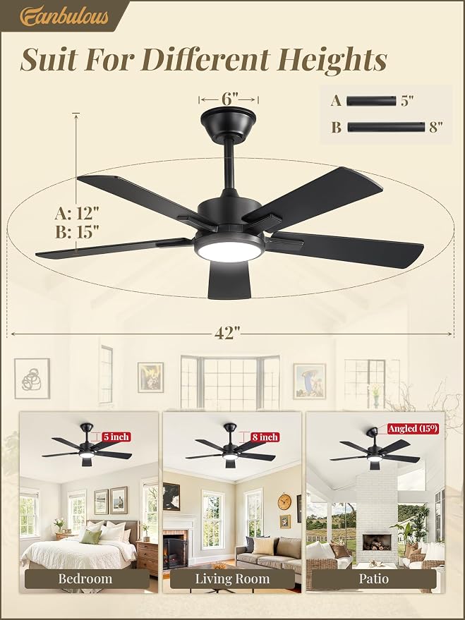 Fanbulous 42 Inch Ceiling Fans with Lights and Remote, Stepless Color Temperature Change & Dimmable 20W LED Ceiling Fan, 6 Speeds Reversible Quiet DC Motor for Bedroom, Living Room, Apartment,Black