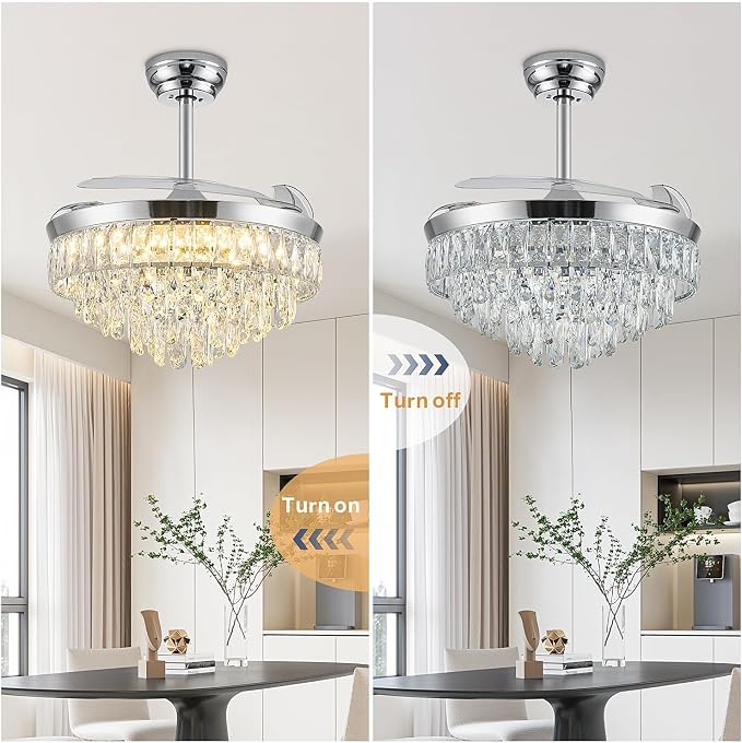 48 Inch Chandelier Ceiling Fan with Lights, Retractable Fan with Remote and APP, Crystal Fandelier Ceiling Fan, Dimmable LED, Reversible Motor, Quiet for Bedroom Living Room-Chrome