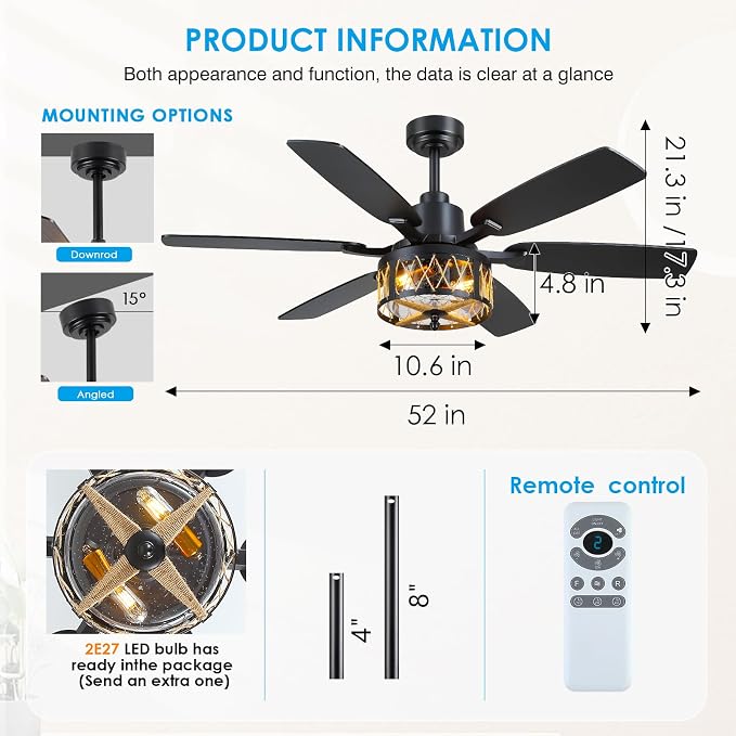 Hounberi 52" Farmhouse Ceiling Fan with Light and Remote, Black Industrial Caged Ceiling Fans with Seeded Glass & Jute Rope Shade, Reversible DC Motor, Rustic Ceiling Fan for Dining Room Bedroom