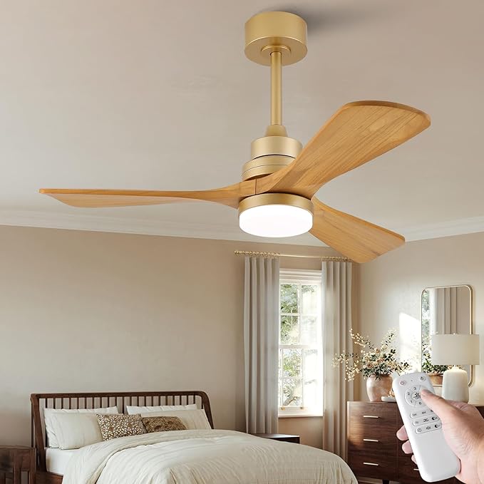 42 Inch Ceiling Fans with Lights and Remote, Dimmable LED Light, Quite Reversible DC Motor,Memory Function,Modern Solid Wood Indoor Outdoor Ceiling Fan with Light for Patio Office (Gold)
