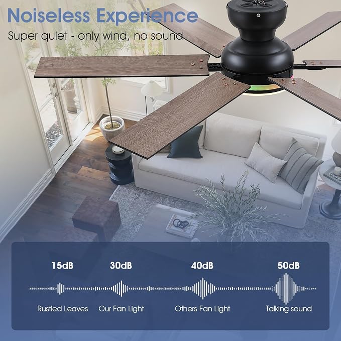 52"6-Blade Black Modern Low Profile RGB Ceiling Fans with Lights and Remote | 14 RGB Modes ,6 Wind Speeds, Reversible, Dimmable 3 Light Colors LED Light, Noiseless Quiet DC Motor,6 Double-Sided Blades