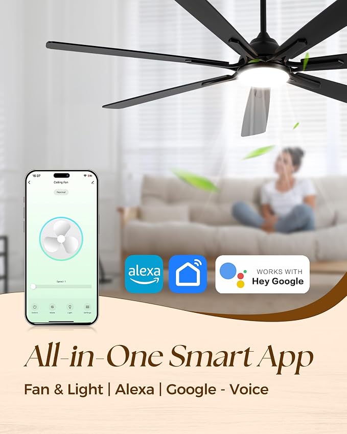 72Inch Smart Ceiling Fan with Alexa APP,Large Black Ceiling Fan with Light,6 Speed,3CCT,Dual Finish 7 Blades,Quiet DC Motor Outdoor Fan for Patio,Big Living Room
