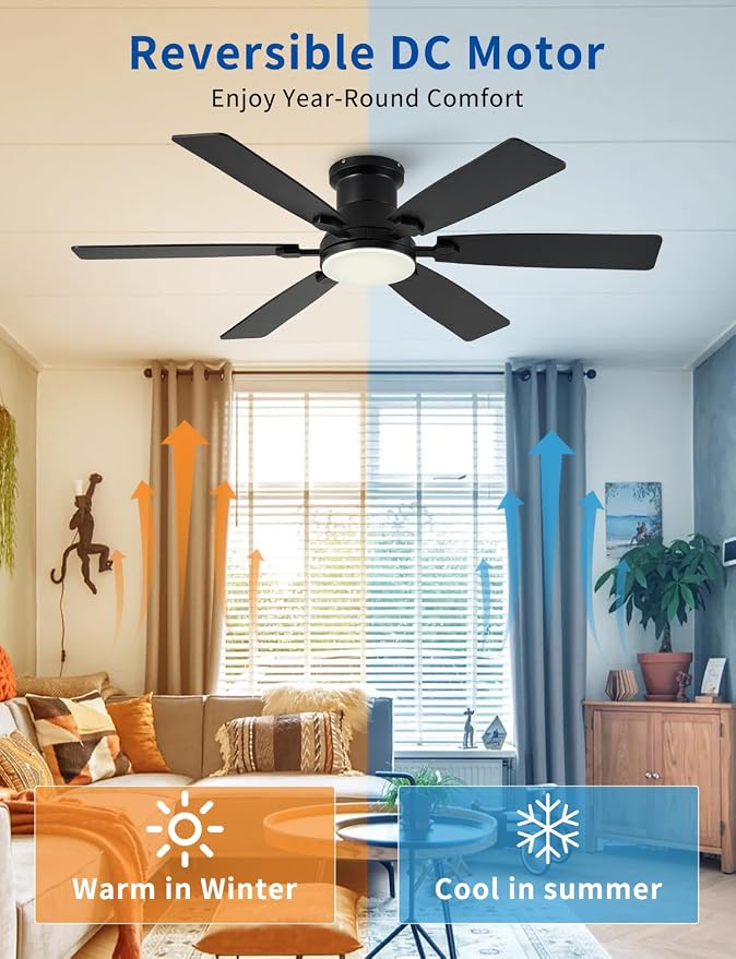 52 inch Low Profile Ceiling Fan with Light and Remote/APP Control, LED Dimmable, 3CCT, DC Reversible Motor, Modern, 6 Speeds, Black Flush Mount Ceiling Fans for Bedroom Living Room/Outdoor Use