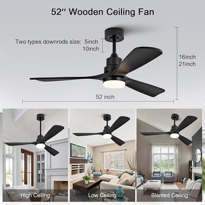 52 Inch Black Ceiling Fans with Lights and Remote,Dimmable,Quite Reversible DC Motor,Memory Function,Modern Solid Wood Indoor Outdoor Ceiling Fan with light for Patio Bedroom