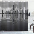 Ambesonne Chicago Skyline Shower Curtain, Nostalgic Weathered Lake Michigan Harbor Coastal Town Urban Vintage, Cloth Fabric Bathroom Decor Set with Hooks, 69" W x 70" L, Black and White