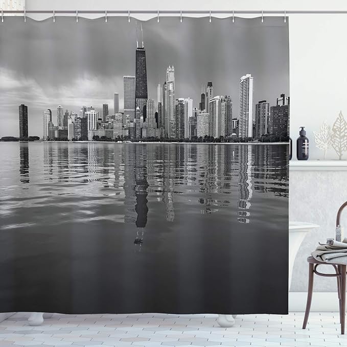 Ambesonne Chicago Skyline Shower Curtain, Nostalgic Weathered Lake Michigan Harbor Coastal Town Urban Vintage, Cloth Fabric Bathroom Decor Set with Hooks, 69" W x 70" L, Black and White