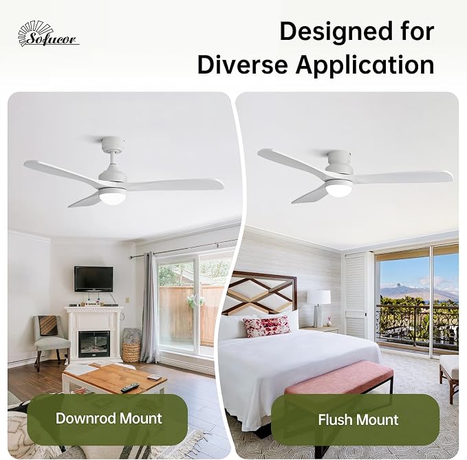 Sofucor 52" Smart Wood Ceiling Fans Lights, Flush Mount & Downrod Mount, 3 Wood Blades Modern Outdoor Ceiling Fans with Alexa/Google Assistant/APP/Remote Control for Bedroom, Farmhouse, Patio, Indoor