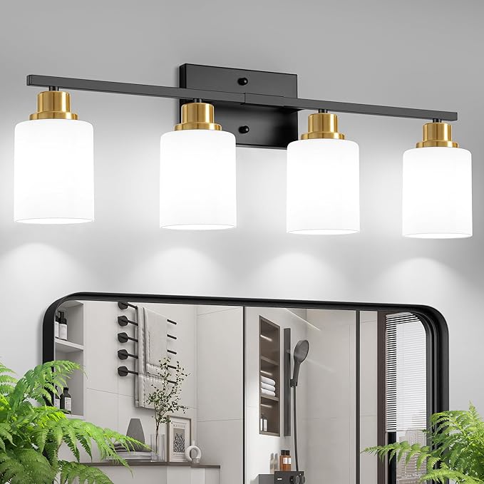 Ascher Bathroom Light Fixtures, 4-Light Vanity Light Over Mirror, Black and Gold Wall Sconces with Milky White Frosted Glass Shades, Wall Lamp for Living Room Bedroom, E26 Base(Bulbs Not Included)