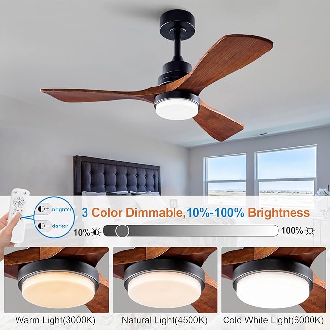 42 Inch Black Ceiling Fans with Lights and Remote,Dimmable LED Light,Quite Reversible DC Motor,Memory Function,Modern Solid Wood Indoor Outdoor Ceiling Fan with Light for Office Patios