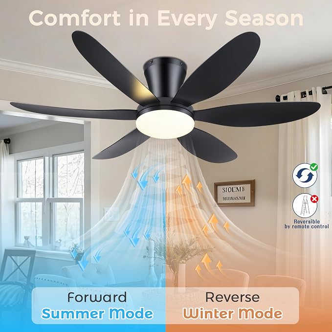 GJeg Ceiling Fans with Lights,42" Low Profile Ceiling Fan with Light and Remote Control,Flush Mount, Reversible, Dimmable, Noiseless, Black Ceiling Fan for Bedroom