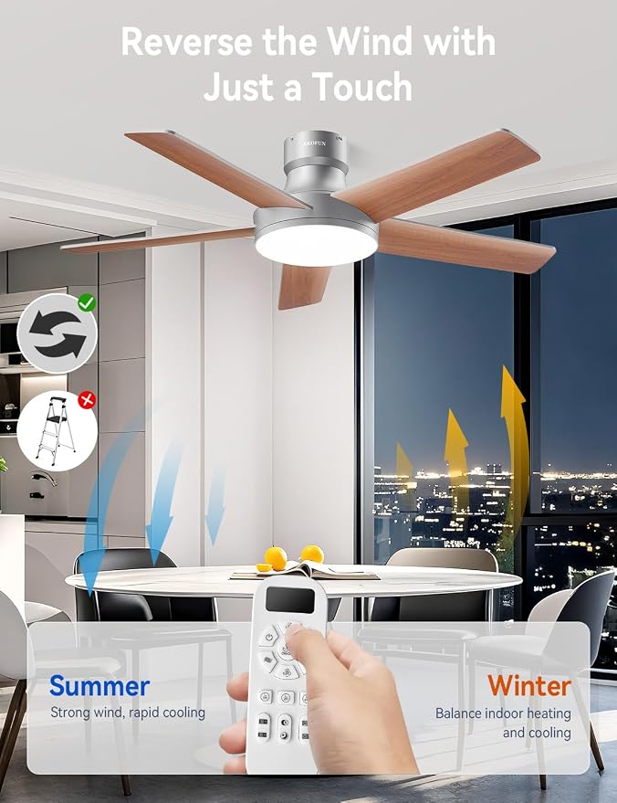 AKOFUN Ceiling Fans with Lights and Remote, Low Profile Ceiling Fan with Light, 6 Speed, Dimmable, DC Motor, Quiet, Timer, Modern LED Ceiling Fan for Bedroom Living Room 44 inch, Silver