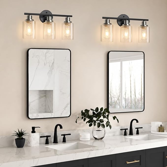 Unicozin Modern Bathroom Light Fixtures, 3 Light Vanity Lights, Black and Brushed Nickel Wall Lamp with Clear Glass for Bathroom, Mirror, Living Room, Bedroom, Hallway, E26 Base