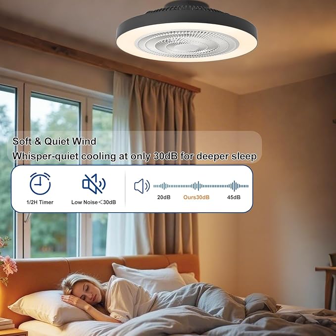 Depuley Modern Ceiling Fan with Light: 19" Flush Mount Low Profile LED Ceiling Fans with Remote & Smart APP Control - Black Bladeless Fandelier Dimmable Quiet DC Motor for Bedroom Kids Room 6 Speeds