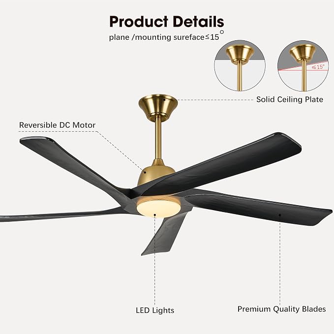 60 Inch Solid Wood Ceiling Fan with Light, Remote and APP Control, 3-color Dimmable, DC Motor, 6-speed Reversible,Outdoor/Indoor Ceiling Fans for Bedroom, Living Room, Black Gold