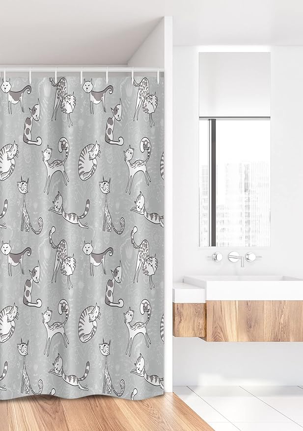 Ambesonne Grey Stall Shower Curtain, Cats Posing Over Floral Background Feline Kitten Kitty Cartoon Art Prints, Fabric Bathroom Decor Set with Hooks, 36" W x 72" L, White