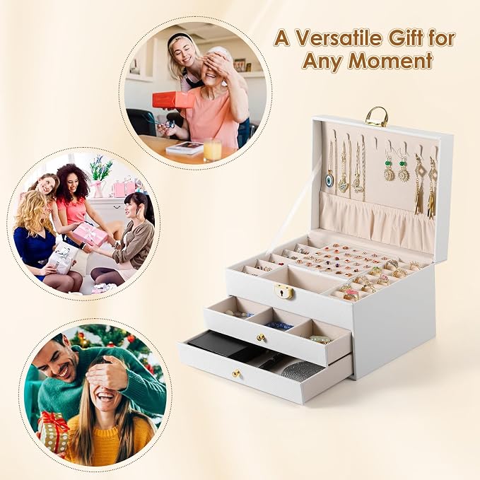 coobest 3 Layer Jewelry Box, Lockable Jewelry Holder Organizer with Jewelry Drawer, Large Jewelry Boxes & Organizer with Velvet Earring Storage, Unique Gifts for Women Mom