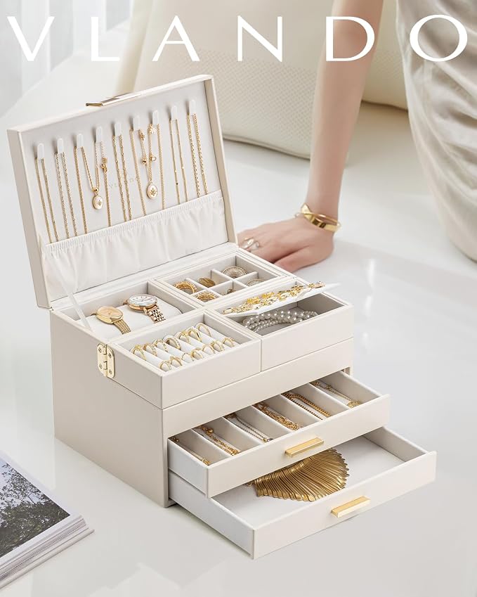 VLANDO 4 Layers Jewelry Box - Women Jewelry Box with Retractable Tray - Jewelry Organizer with Drawer for Necklaces, Rings, Bracelets, Earrings, Valentines Gift for Mom Girls - Cloud White