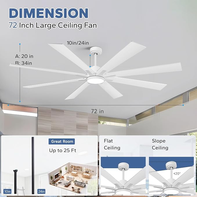 72 Inch White Ceiling Fans with Lights, Indoor Outdoor Ceiling Fans for Patios with Remote, 8 Double-Finish Blades, 5-CCT, Large CFM Quiet Reversible DC Fan for Living Room Gazebo