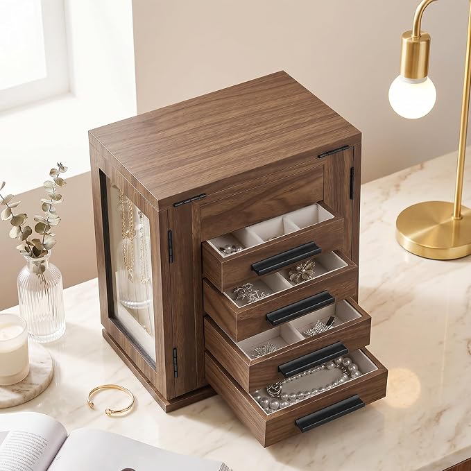 HOOBRO 360° Rotating Jewelry Box with Mirror, Jewelry Organizer with 4 Drawers, 3 Transparent Acrylic Doors, Wooden Jewelry Storage Box for Necklaces, Rings, Bracelets, Earrings, Walnut BH31JB04