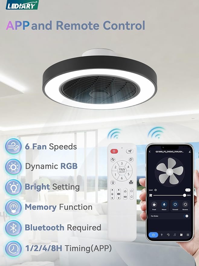 LEDIARY 20 Inch Low Profile Ceiling Fans With Lights, Led Bladeless Ceiling Fan, Remote Control Enclosed Flush Mount Ceiling Fan With Timming, 3000-6000K, 6 Wind Speed, 3000LM, 57W-Black RGB