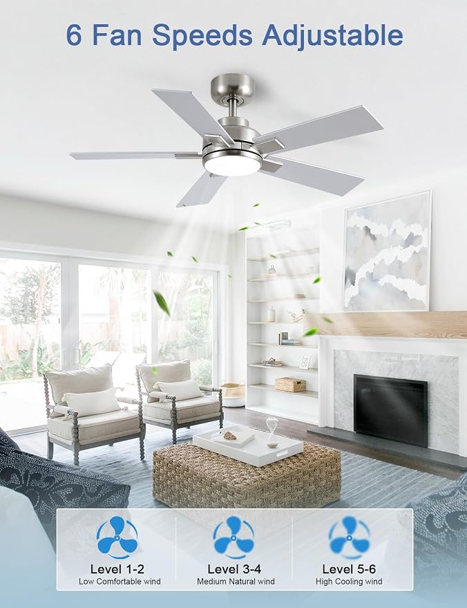 Modern Ceiling Fans with Lights - 42 inch Brushed Nickel Ceiling Fan with Light and Remote, Reversible DC Motor, 6-Speed Quiet 3CCT LED Dimmable for Bedroom, Indoor and Outdoor, Patios, ETL Listed