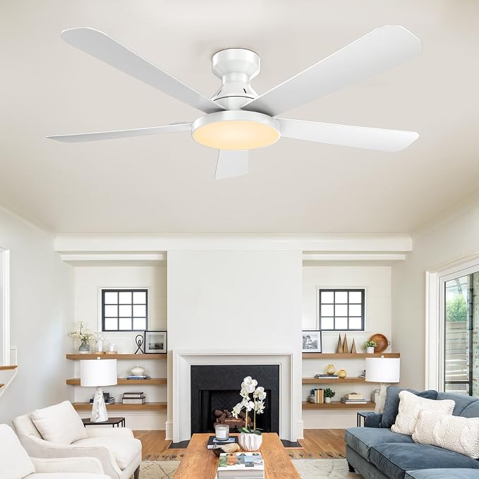 Ceiling Fans with Lights, 52 inch Flush Mount Ceiling Fan with Light, Remote/App Control, Low Profile Modern Ceiling Fan for Bedroom, Indoor/Outdoor (White)
