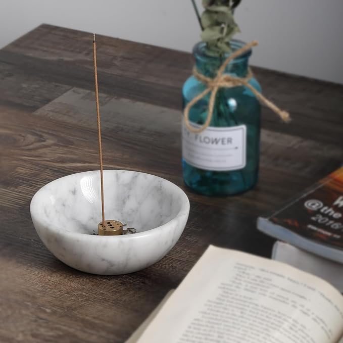 Koville Italian Natural Marble Incense Holder, 5inch Incense Holders for Sticks, Sturdy Incense Burner Ash Catcher, Ideal for Meditation, Relaxing, Easy to Clean(Bianco Carrara)