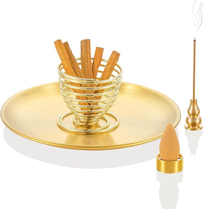 OSOPOLA 4 in 1 Incense Burner - 5.5 Inch Brass Gourd-Shaped Incense Holder for Sticks/Cones/Coils - Multi-Functional Metal Ash Catcher for Meditation, Yoga, Home Decor