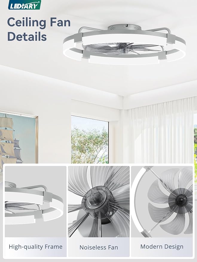 LEDIARY 24" Ceiling Fans with Lights and Remote, Modern Low Profile Ceiling Fan, 3 CCT, Stepless Dimmable, Fandelier Flush Mount Fan Light, 6 Speeds, DC Motor, App & Remote Control for Bedroom(Grey)