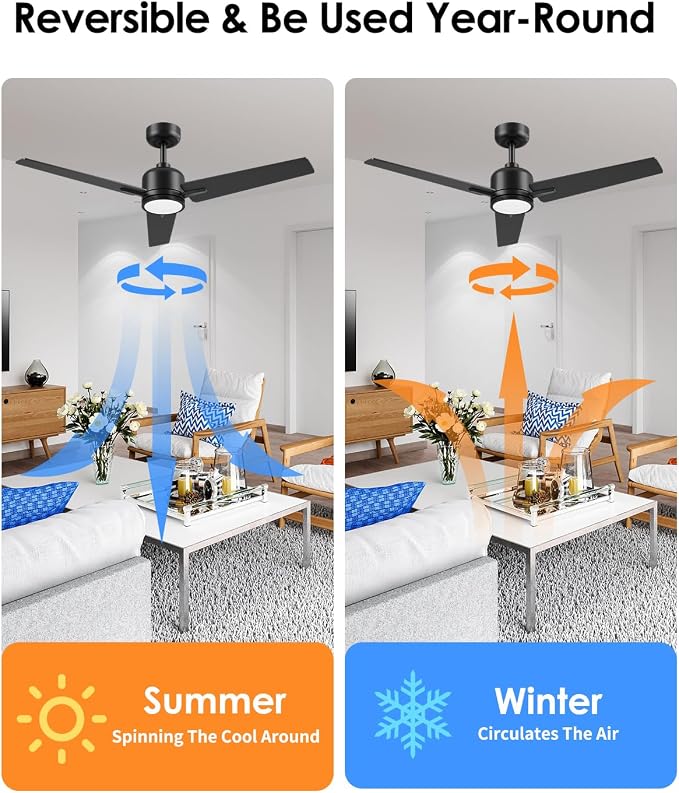 Newday 52 inch Ceiling Fans with Lights and Remote, Black 3 Blade Outdoor Fans for Patios -Dimmable Indoor DC Motor, 6 Speed, Quiet Noiseless, 3 CCT, Reversible, High CFM