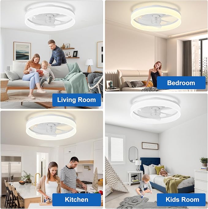 DLLT LED Ceiling Fan with Light: 16" Modern Low Profile Flush Mount Fandelier with App & Remote Control - Dimmable White Bladeless Fan Light Fixture for Bedroom Kids Room Living Room