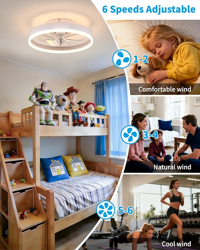 RGB Ceiling Fan with Lights, low profile ceiling fans with lights and remote, Flush Mount LED Fan Light, Modern Bladeless Fandelier for Bedroom Works with APP, 16IN White