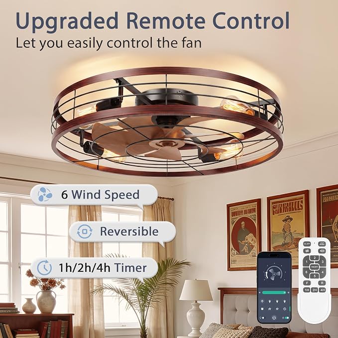 VOLISUN 27.6'' Caged Ceiling Fan with Light and Remote,Rustic Low Profile Ceiling Fan with Light Flush Mount, Farmhouse Bladeless Fandelier Ceiling Fans with Lights for Kitchen,Bedroom-Wood