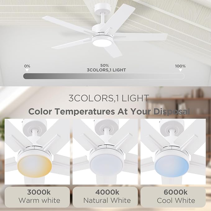Ceiling Fan 42'' with Light: Matte White Fans with Remote Control - Quiet Reversible DC Motor - Light Memory Function & 3CCT Dimmable for Dining Room Bedroom