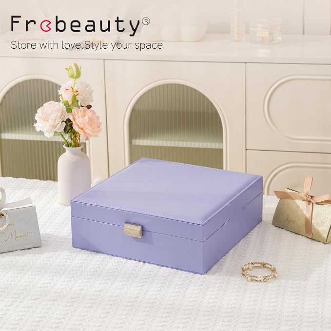 Frebeauty 50 Grid Earring Holder Organizer,2 Layer Jewelry Box for Women | Faux Leather,Velvet Lining,Adjustable Divider,Jewelry Organizer for Ring Necklace and Bracelet,for Home Use and Jewelry Store