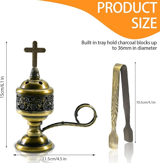 Bronze Incense Burner with Tong – Frankincense Charcoal Incense Stand Aromatherapy, Yoga, Spa, Home Decor, and Church Use – Compact & Durable Bakhoor Holder