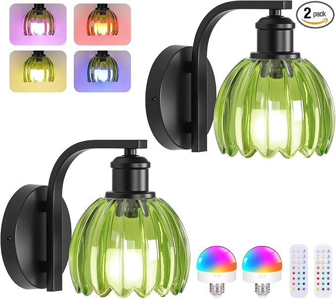 VerRon Rechargeable Battery Operated Wall Sconce Set of Two with Green Glass Lampshade, Wireless Wall Scone Decor with Remote Control, 15 Colors Black Wall Light for Bedside Hallway Bedroom Doorway