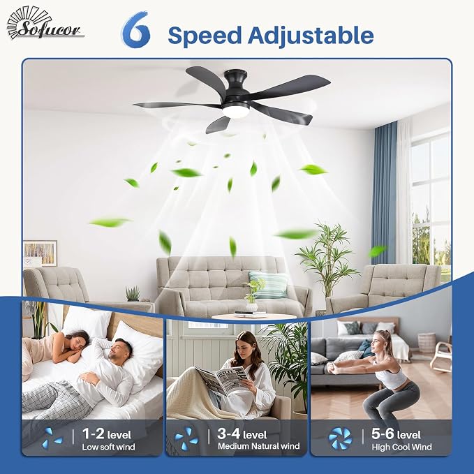 Sofucor Smart 52'' Low Profile Ceiling Fan with Lights and Remote, Flush Mount Ceiling Fan Work with APP/Alexa/Google for Modern Bedroom Living Room Patio, Dimmable LED Quiet Reversible DC Motor